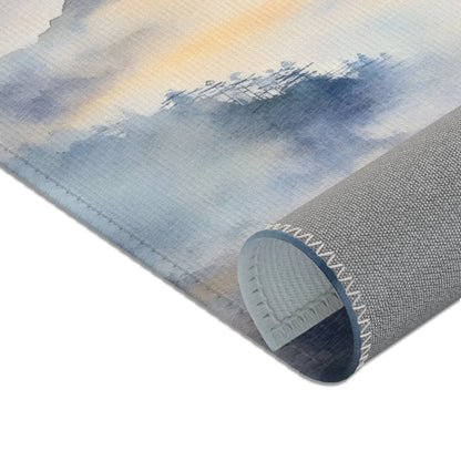 Christian wall art canvas with soft watercolor mountain and mist design, close-up view