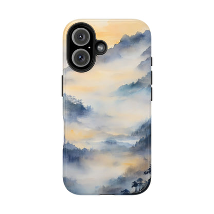 Phone case with serene watercolor mountain landscape in soft blue and yellow hues