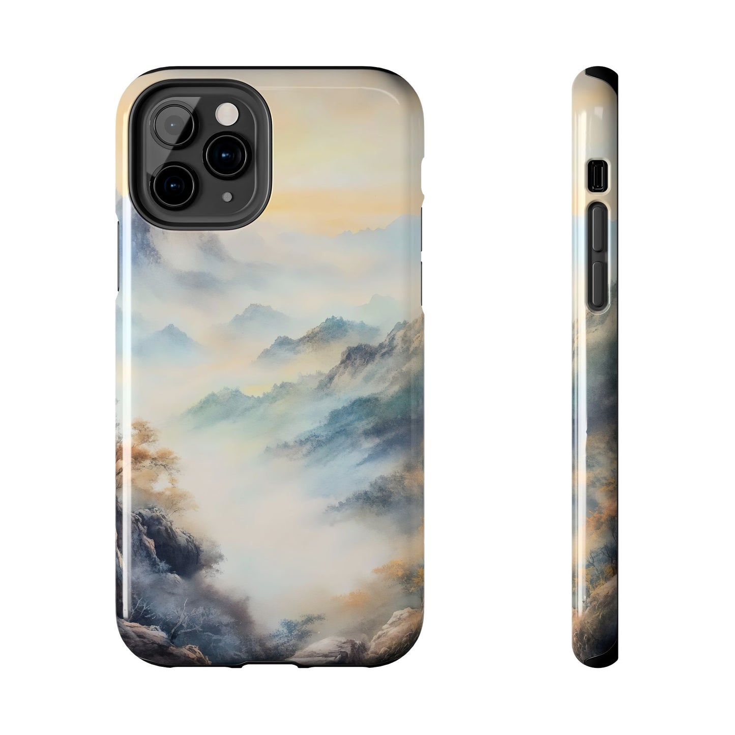 Serene mountain landscape phone case with misty peaks and soft pastel colors