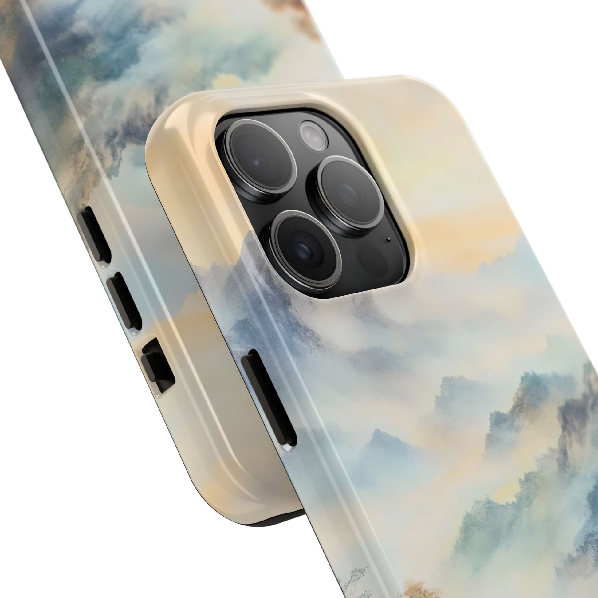 Close-up of smartphone case with abstract pastel cloud design, modern protective cover