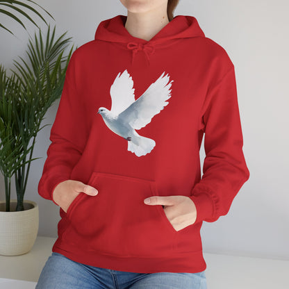 Red hoodie with white dove graphic, Christian faith-inspired apparel, casual fit