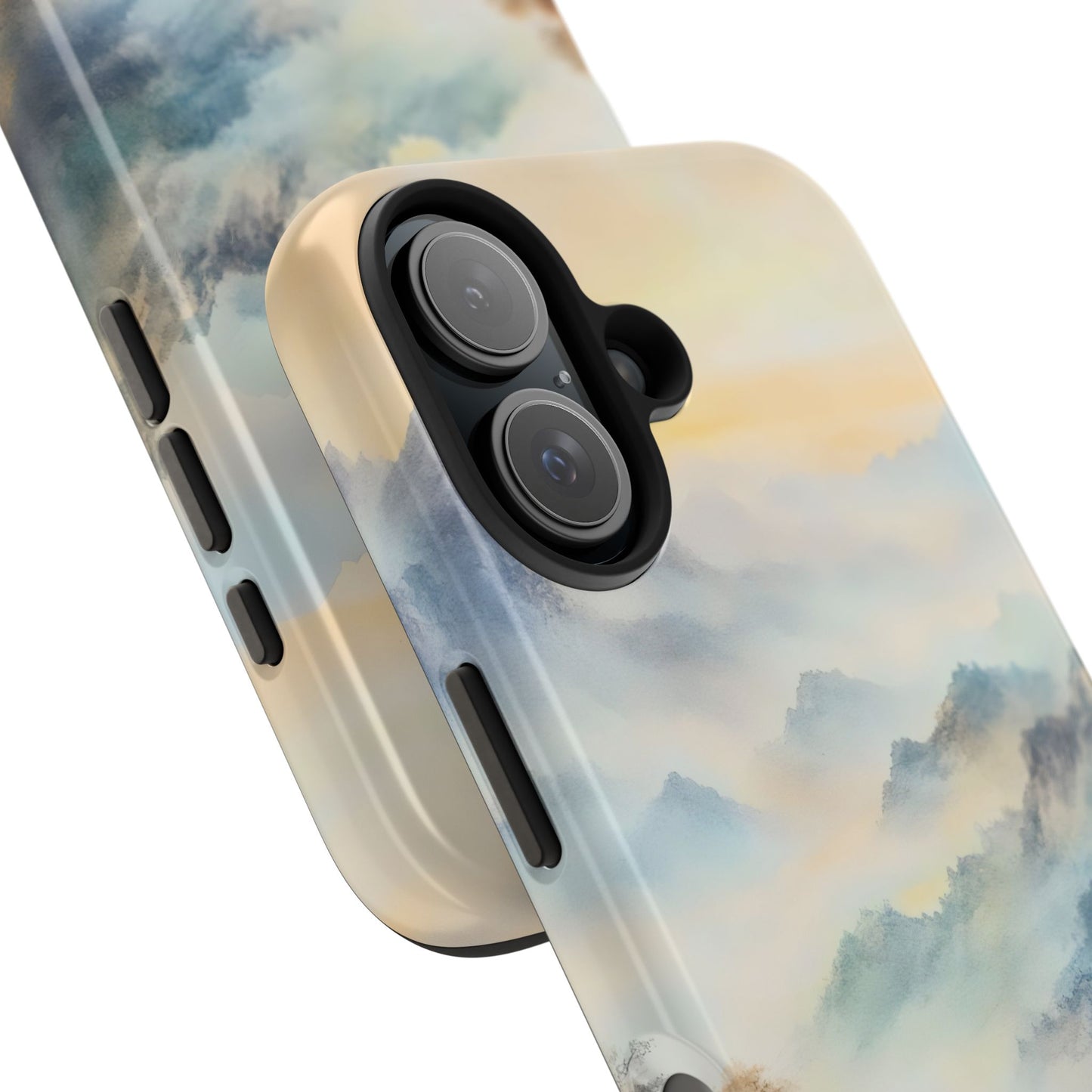 Phone case with serene pastel cloud design, soft watercolor style, close-up view
