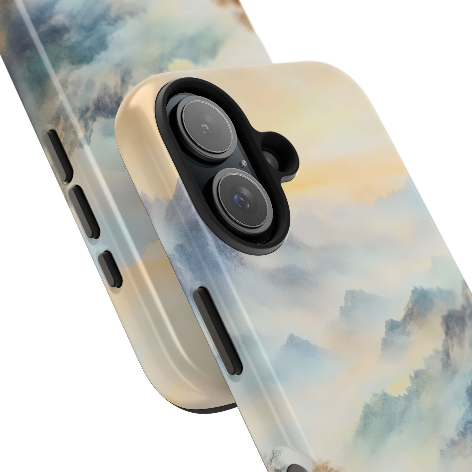 Phone case with serene pastel cloud design, soft watercolor style, close-up view