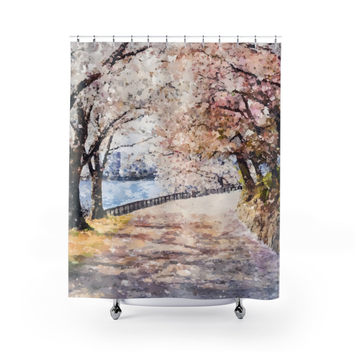 Shower curtain with watercolor cherry blossom trees by a lakeside path