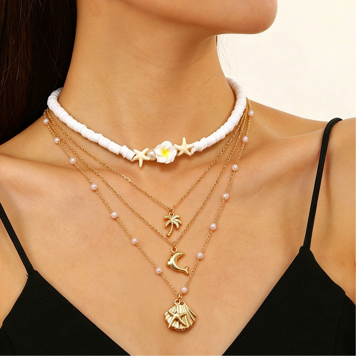 Layered Shell Pearl Starfish Pendant Bohemian Necklace – product view 15
