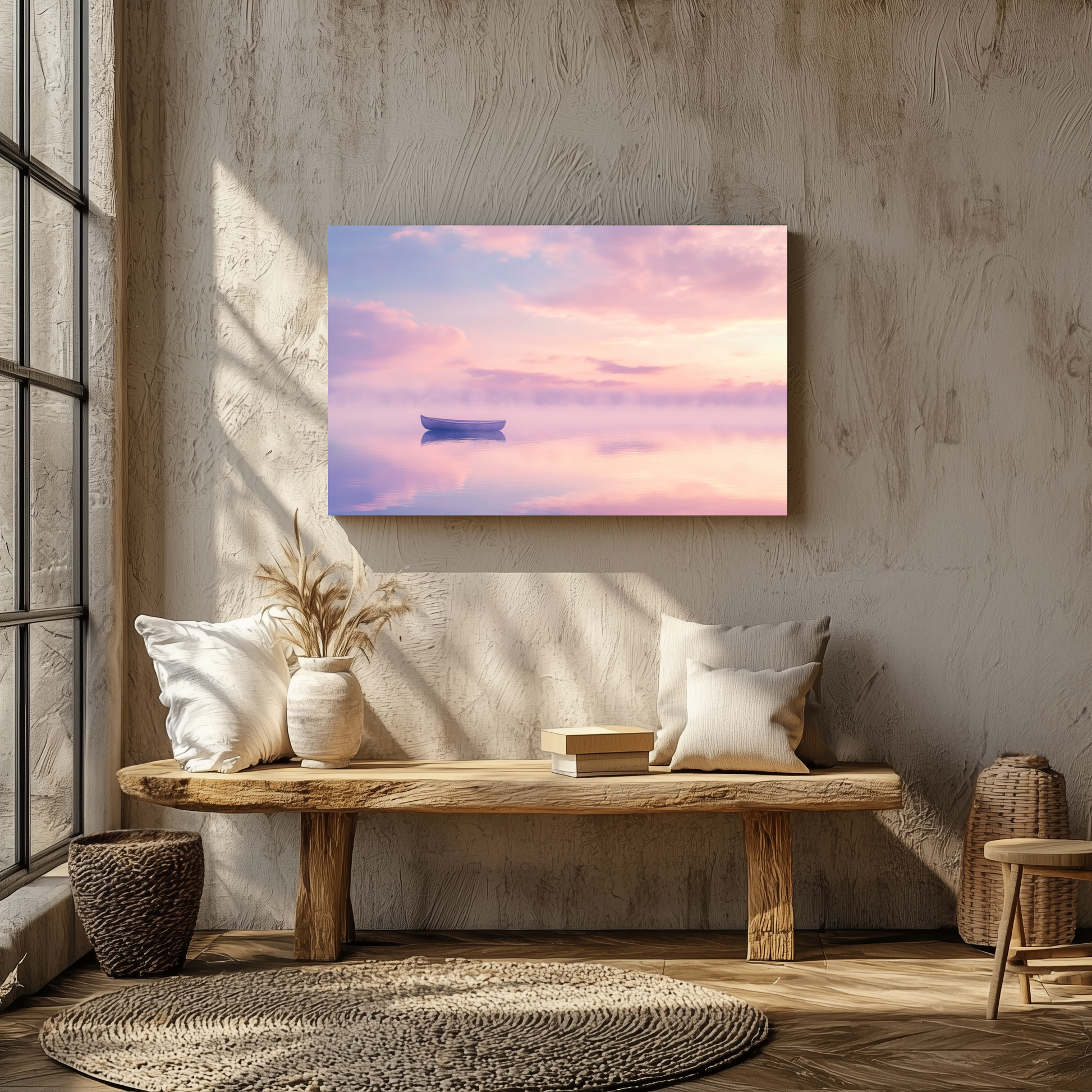 Minimalist living room with rustic bench and serene lake boat wall art under pink sunset sky