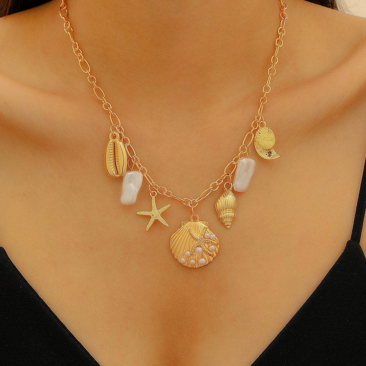 Layered Shell Pearl Starfish Pendant Bohemian Necklace – product view 20