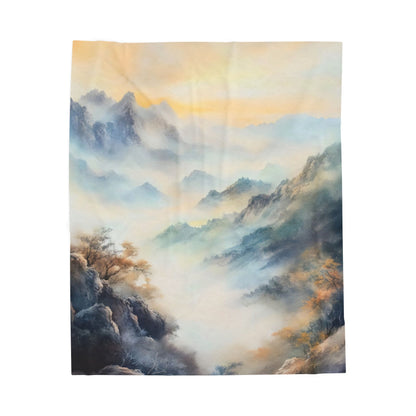 Christian wall art tapestry featuring a serene misty mountain landscape with trees at sunrise