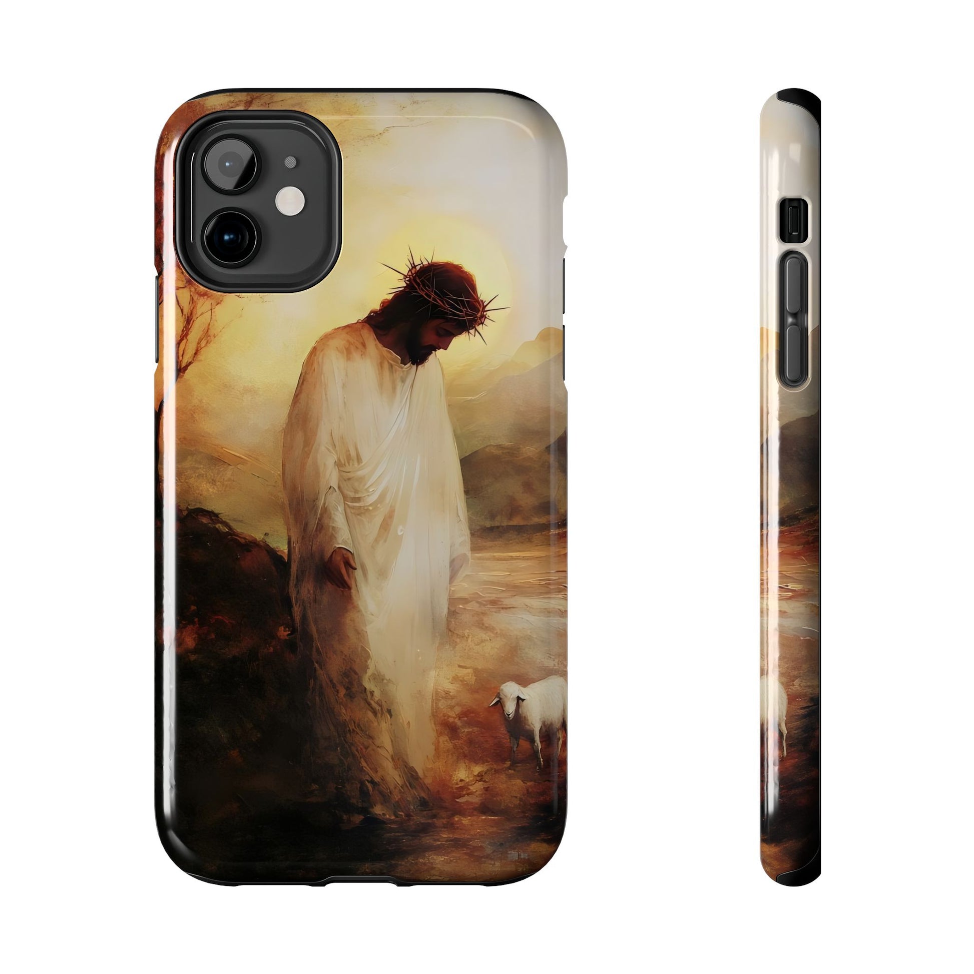 Christian phone case with Jesus and lamb in pastoral landscape, faith-inspired art design