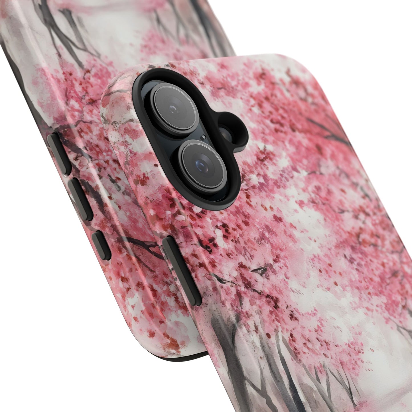 Phone case with pink cherry blossom tree watercolor art, soft floral design, spring style