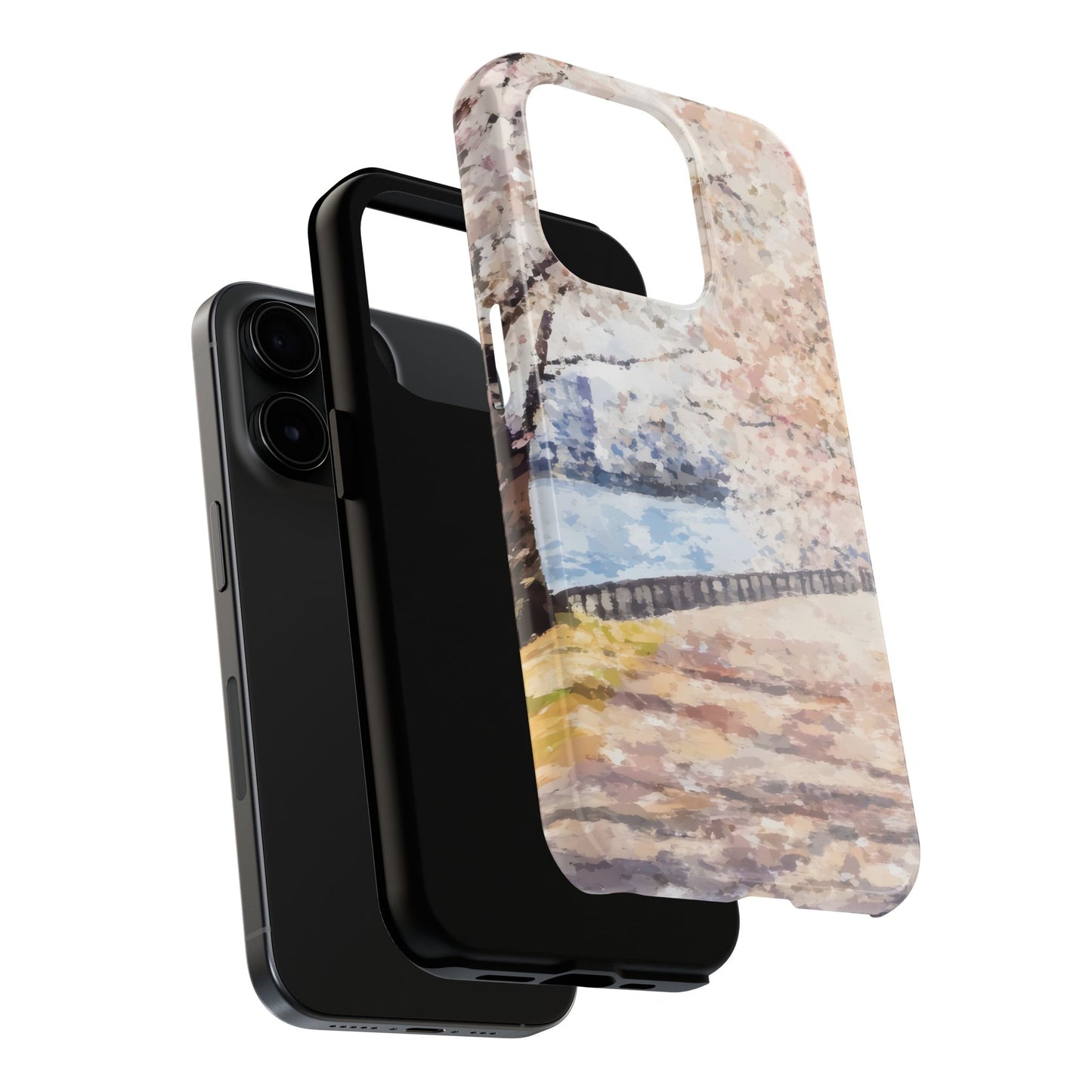 Impressionist landscape art phone case with pastel colors, shown on a modern smartphone