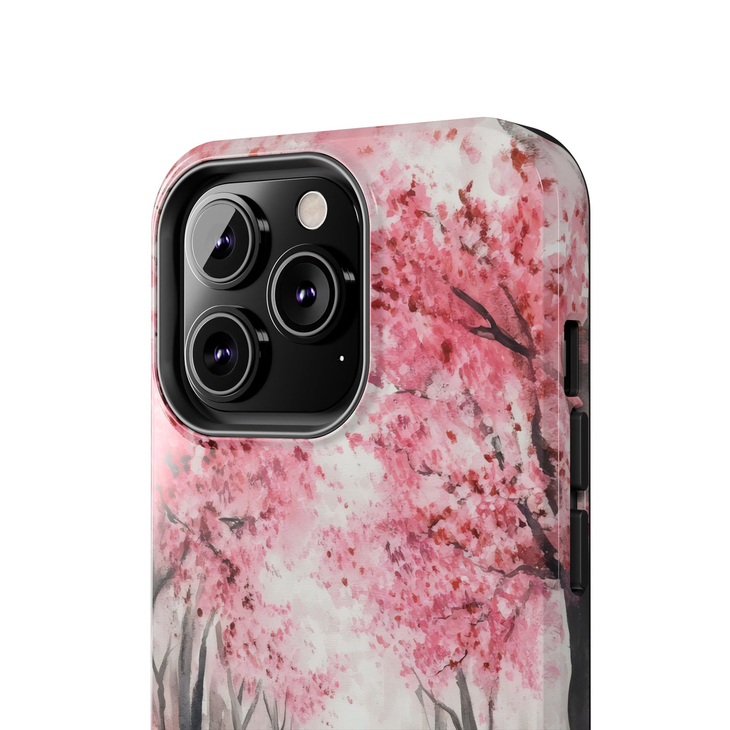 Phone case with pink watercolor cherry blossom design, close-up on camera area.