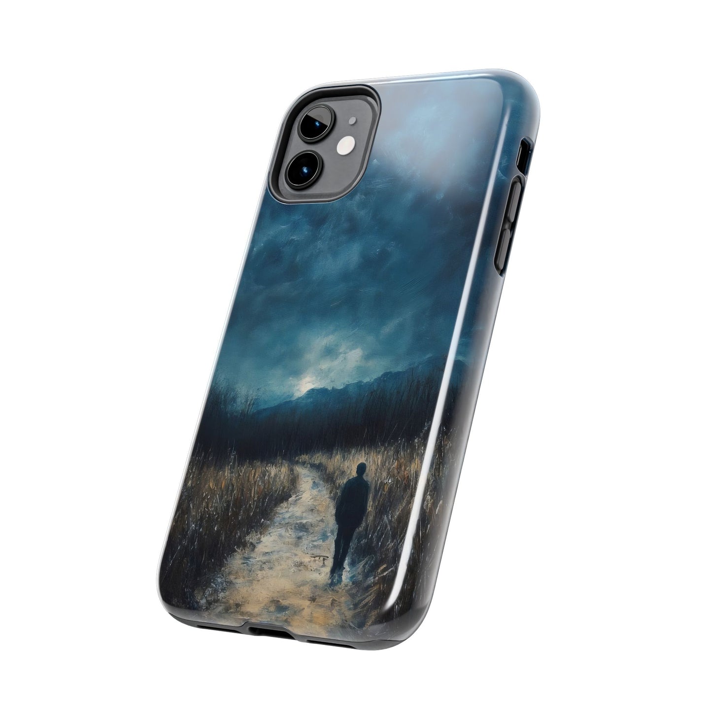 Phone case with mystical landscape art, person walking on path, moody sky, nature design