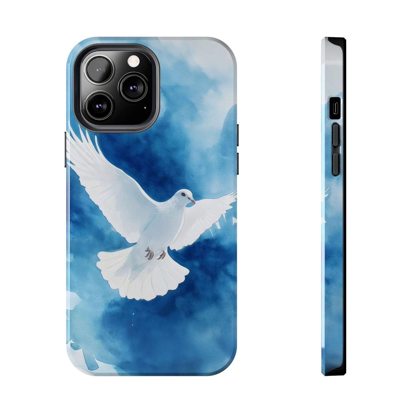 Christian phone case with white dove illustration on a blue watercolor background