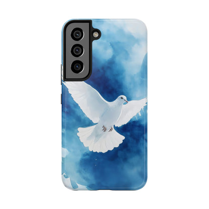 Phone case with white dove illustration on blue sky, faith-inspired Christian art design