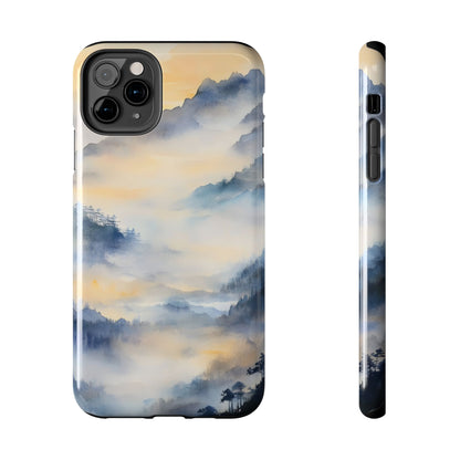 Phone case with serene watercolor mountain landscape and soft misty clouds design