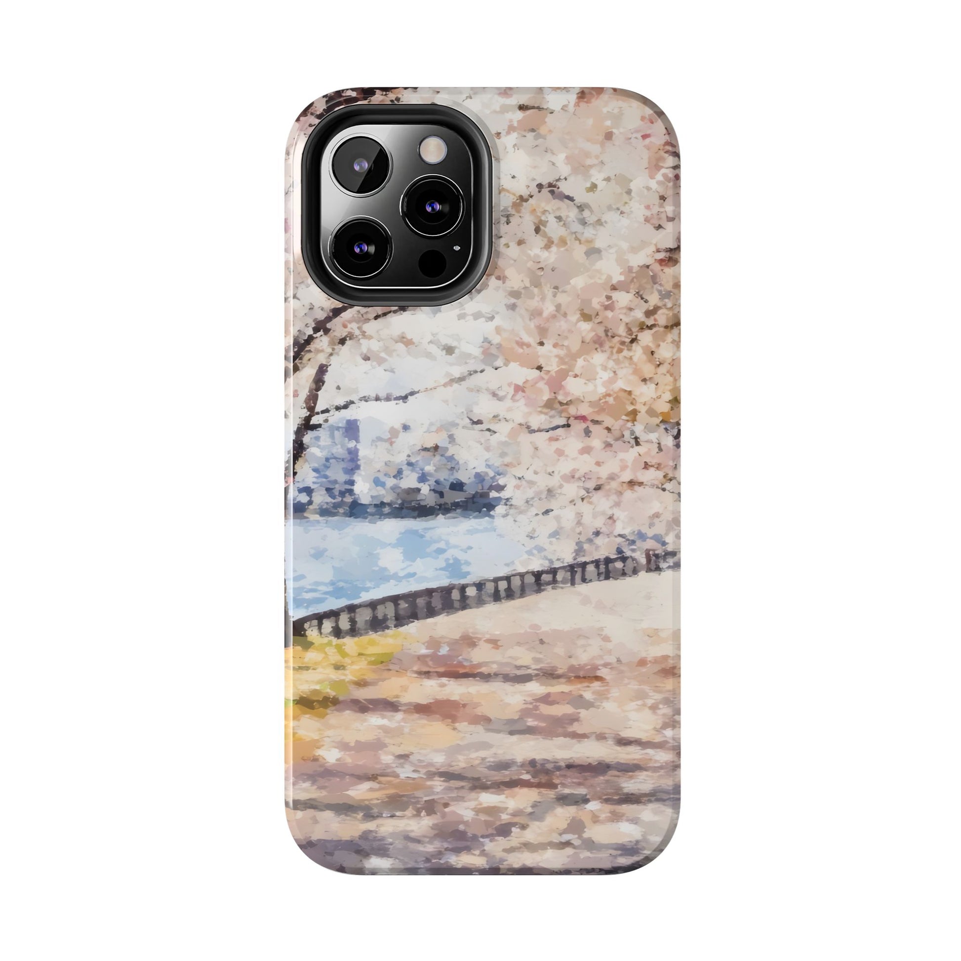 Phone case with watercolor cherry blossom path and tranquil river scenery