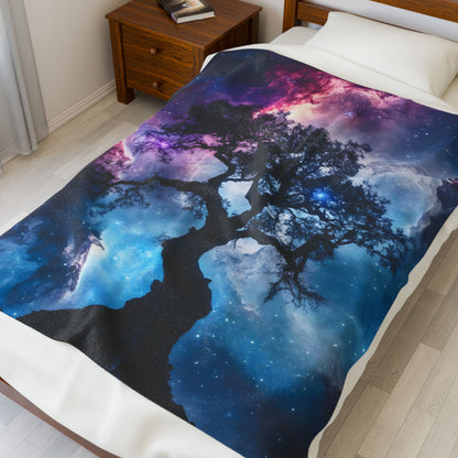 Tree and galaxy print throw blanket on bed, faith-inspired home decor, mystical night sky art