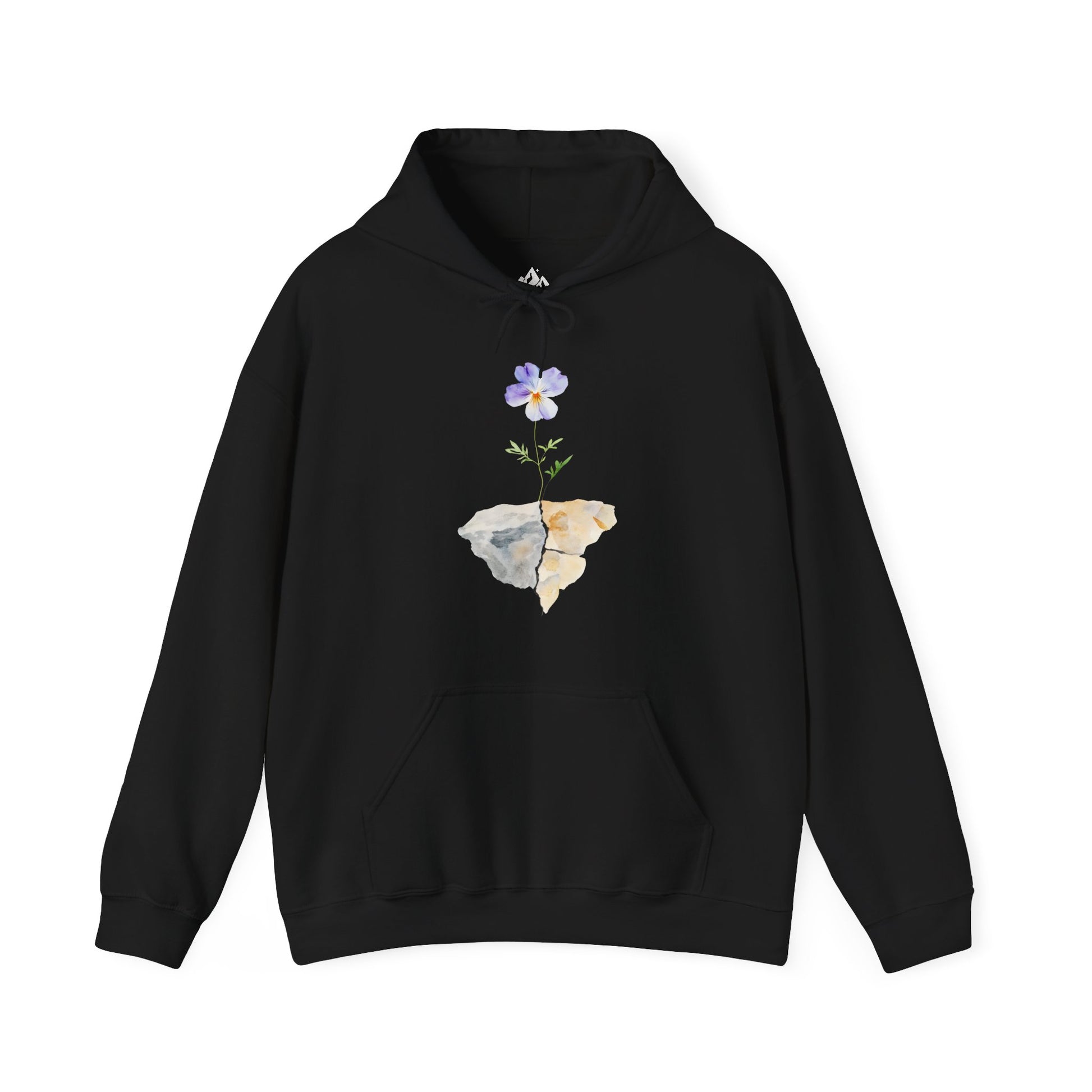 Black hoodie with watercolor flower sprouting from cracked rocks, Christian mindful apparel