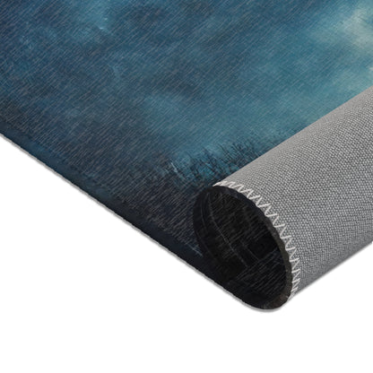 Rolled canvas wall art featuring a moody blue abstract landscape design