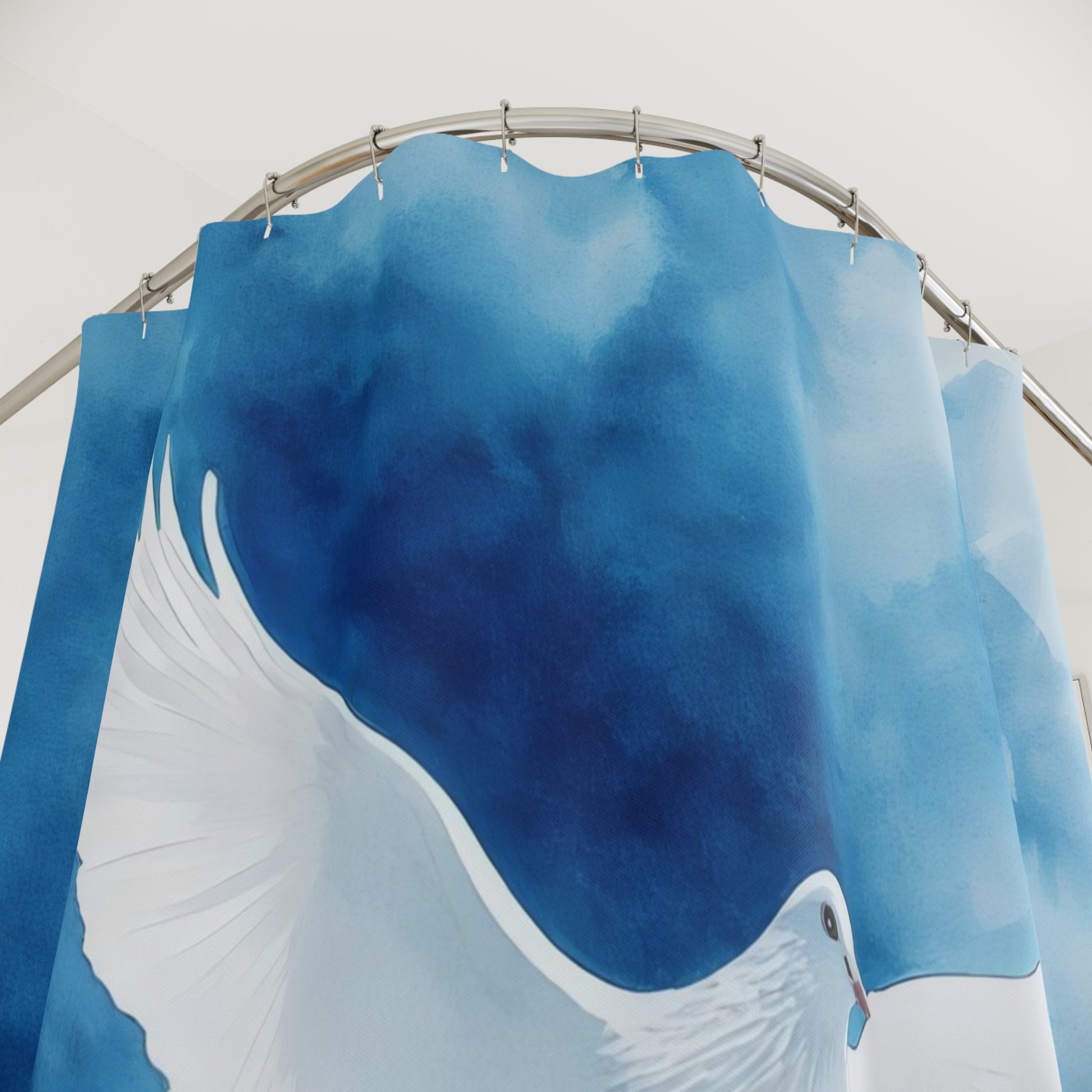 Shower curtain with white dove illustration on blue watercolor background, bathroom decor