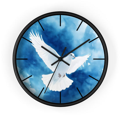 Wall clock with a flying white dove on a blue sky background