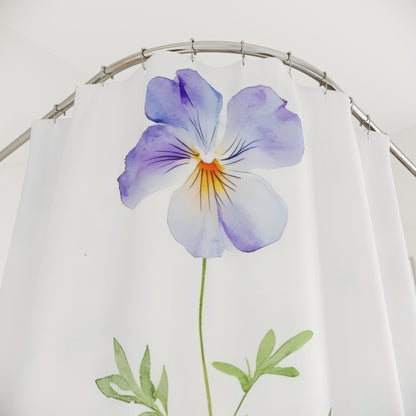 Watercolor violet flower on white shower curtain, botanical bathroom decor