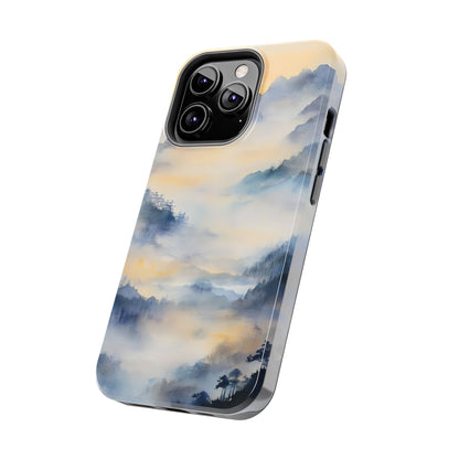Phone case with misty mountain landscape and sunrise, serene spiritual nature design