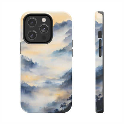 Phone case with serene watercolor mountain landscape in blue and gold tones, misty forest design