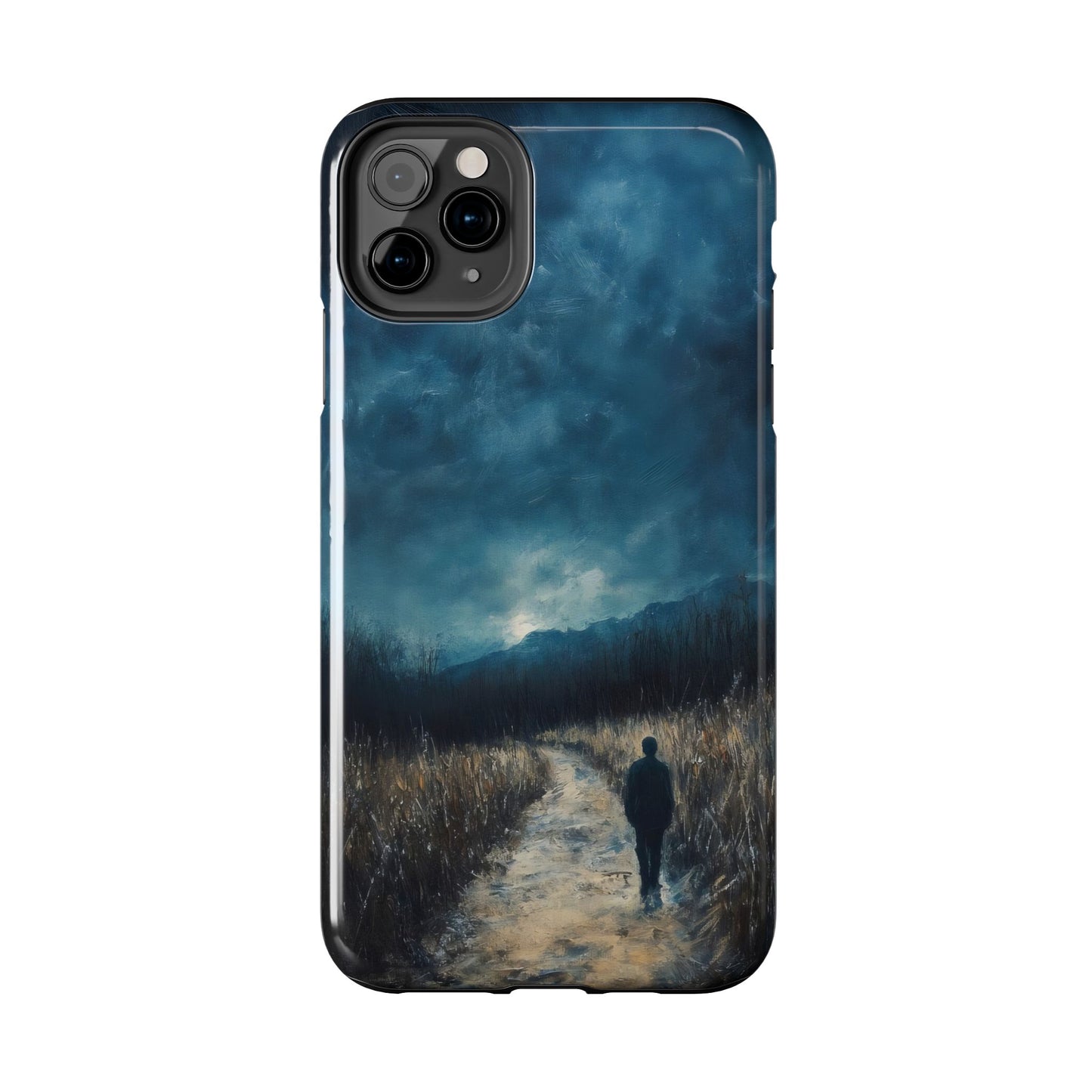 Spiritual landscape phone case with lone figure walking on a path under a moody sky