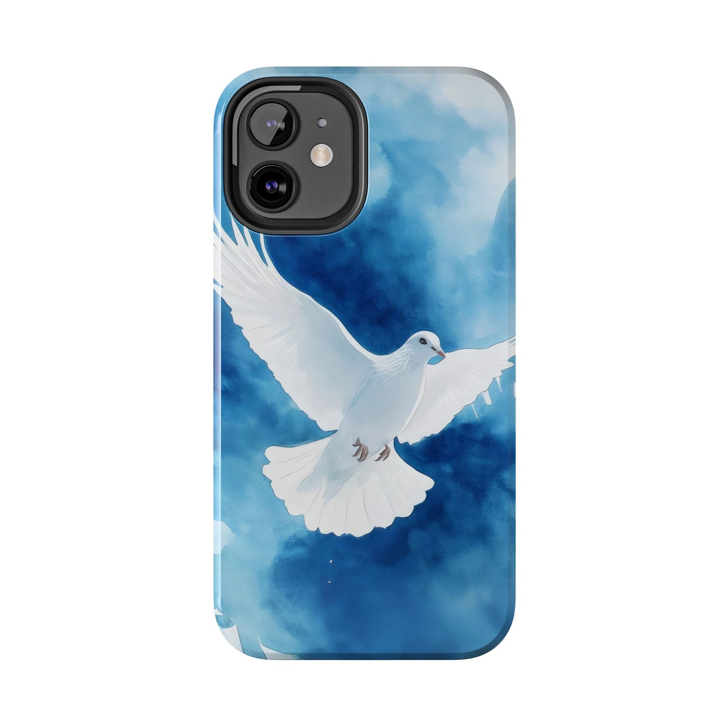 Phone case with white dove illustration on a blue watercolor background, Christian art