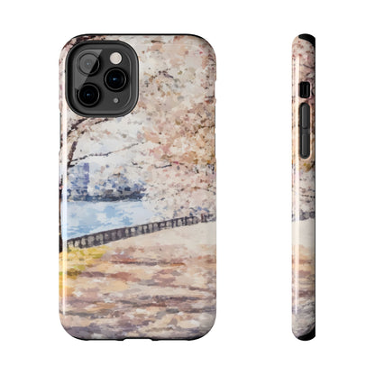 iPhone case with abstract pastel painting of cherry blossom trees by a lakeside path