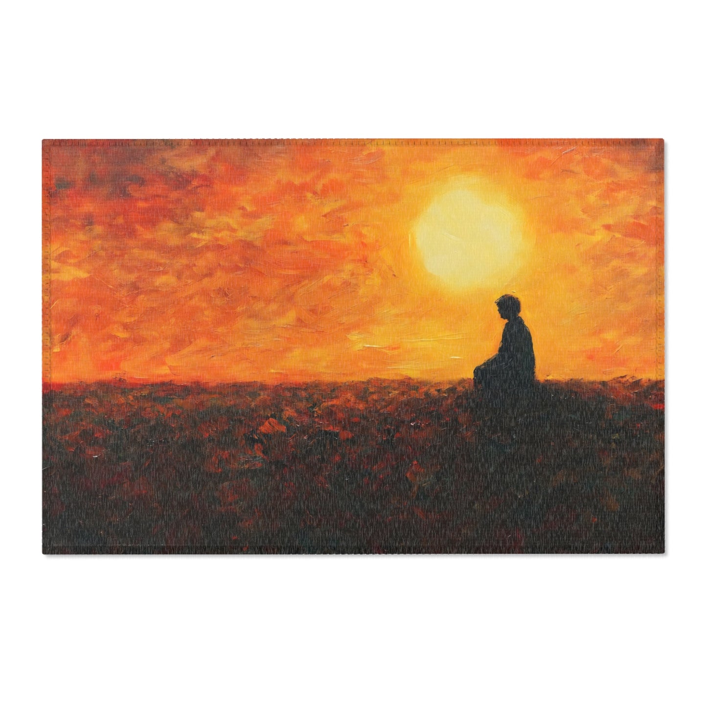 Silhouette of person meditating outdoors at sunset, spiritual wall art with orange sky