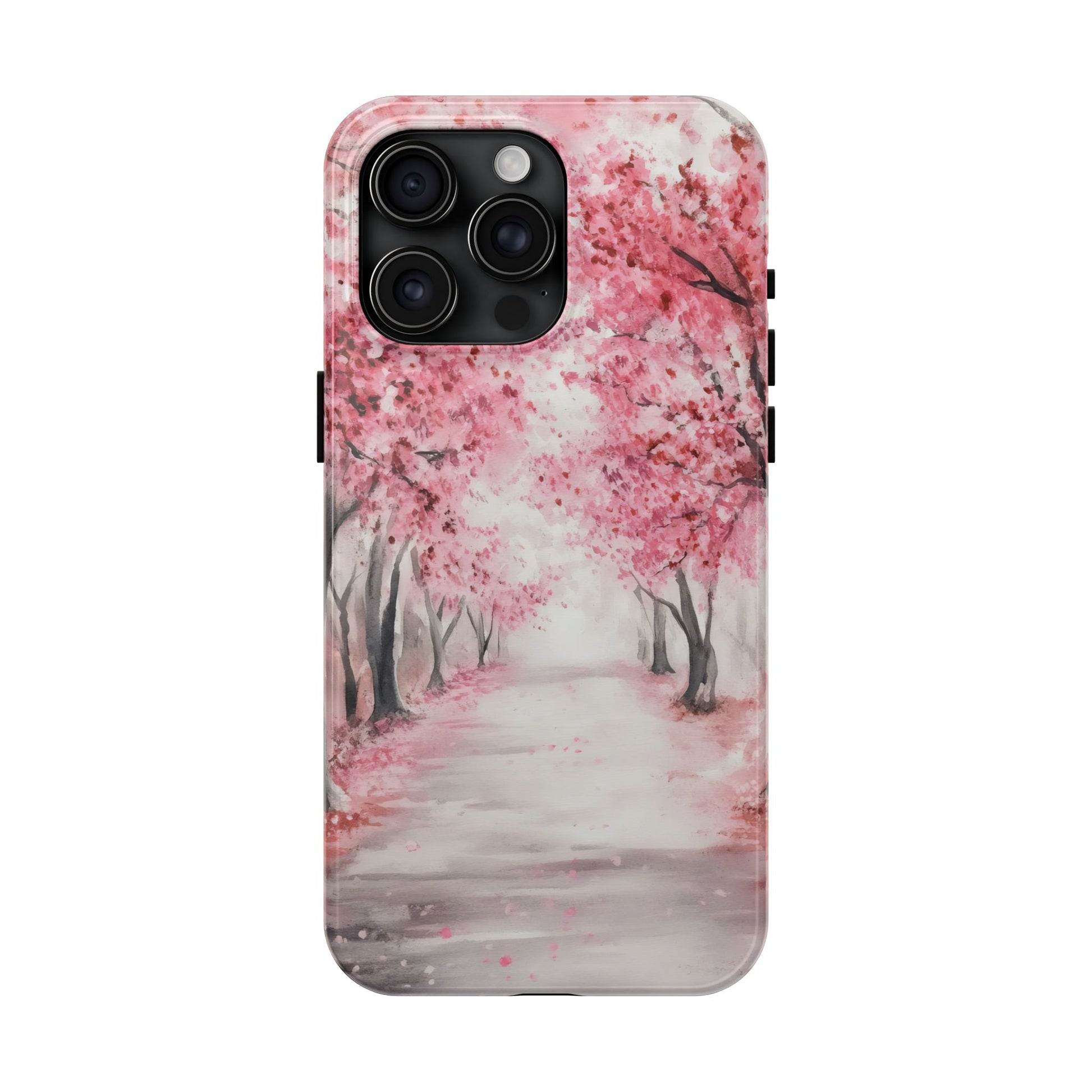 Phone case with watercolor pink cherry blossom trees and tranquil pathway design