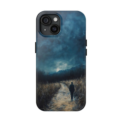 Phone case with a solitary figure walking on a path under a moody blue sky, nature art.