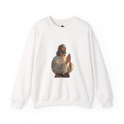 White Christian sweatshirt featuring an illustration of Jesus praying