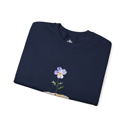 Navy blue Christian t-shirt with a purple flower and sprout graphic on front