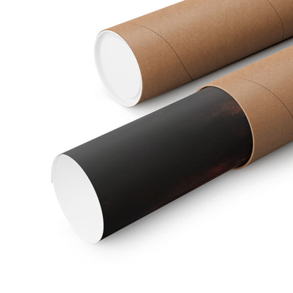 Rolled wall art poster in a brown cardboard tube on white background