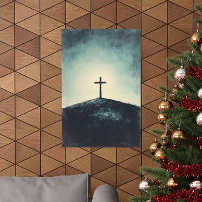 Christian cross wall art on geometric wood wall, near decorated Christmas tree
