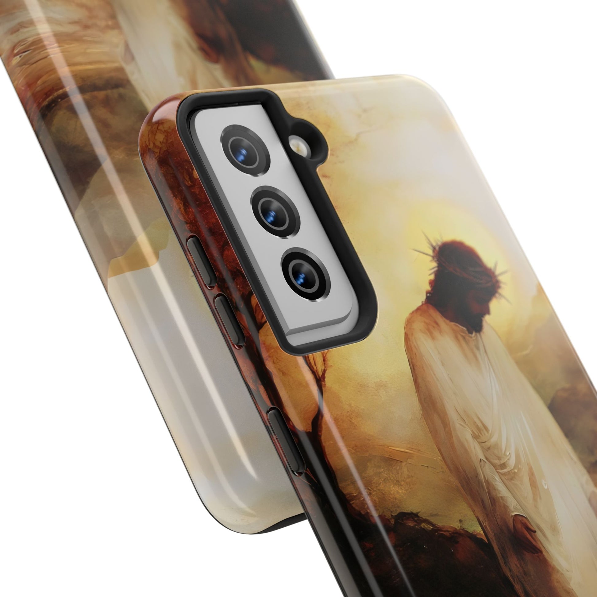 Christian phone case with serene artwork of Jesus in a robe and crown of thorns