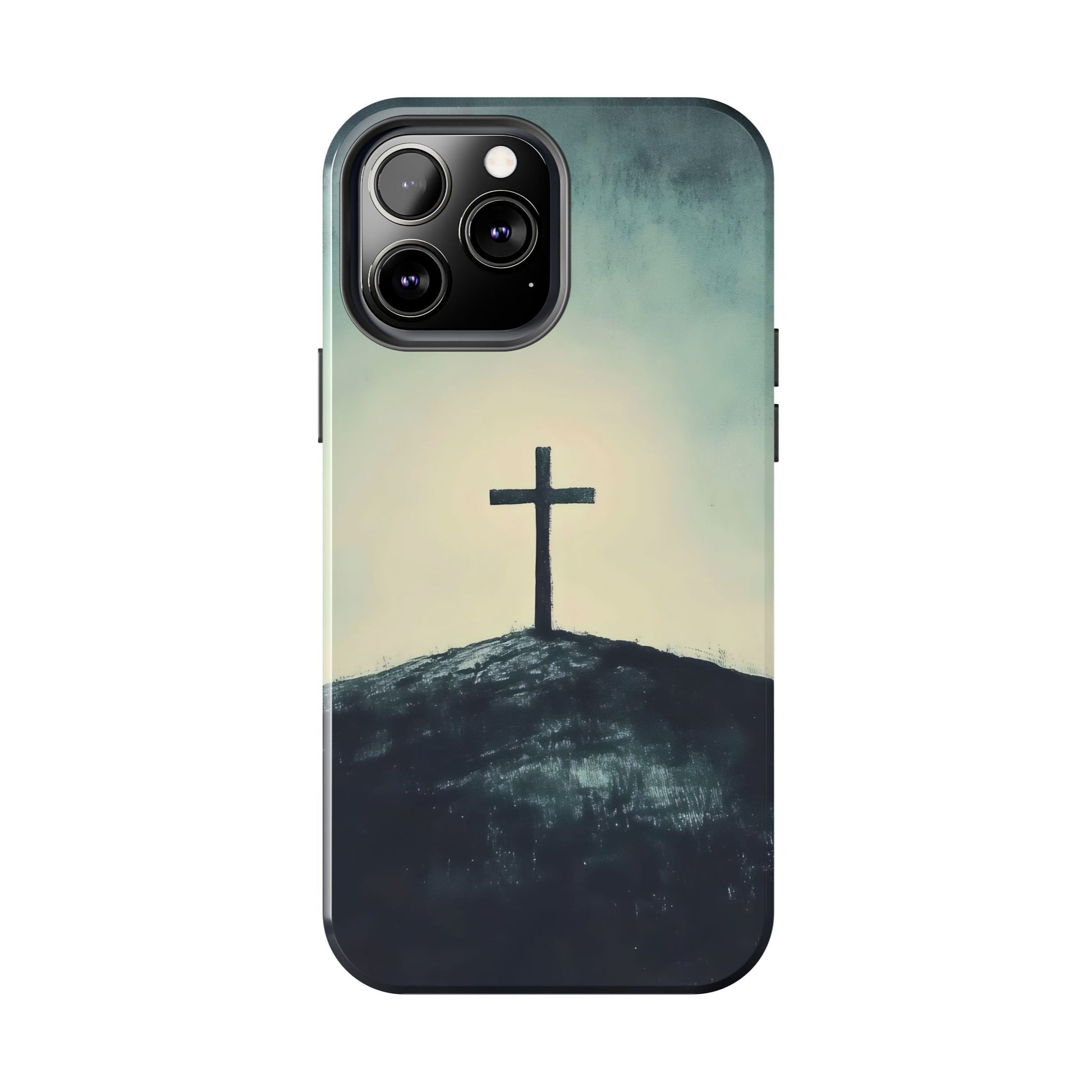 Christian cross on hill minimalist phone case, spiritual faith-inspired design