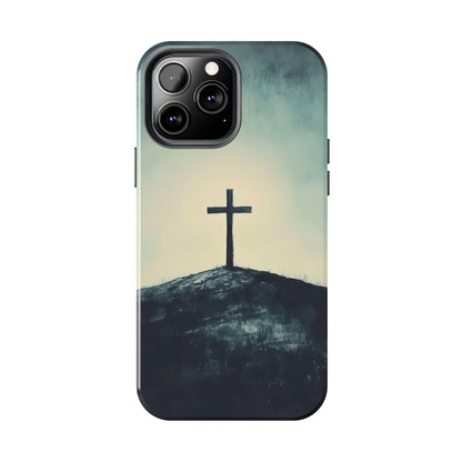 Christian cross on hill minimalist phone case, spiritual faith-inspired design