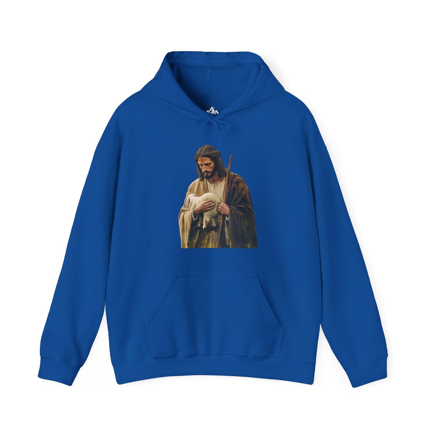 Blue Christian hoodie featuring a shepherd holding a lamb graphic, faith-inspired apparel