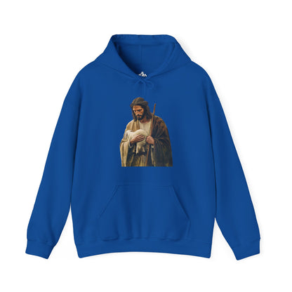Blue Christian hoodie featuring a shepherd holding a lamb graphic, faith-inspired apparel