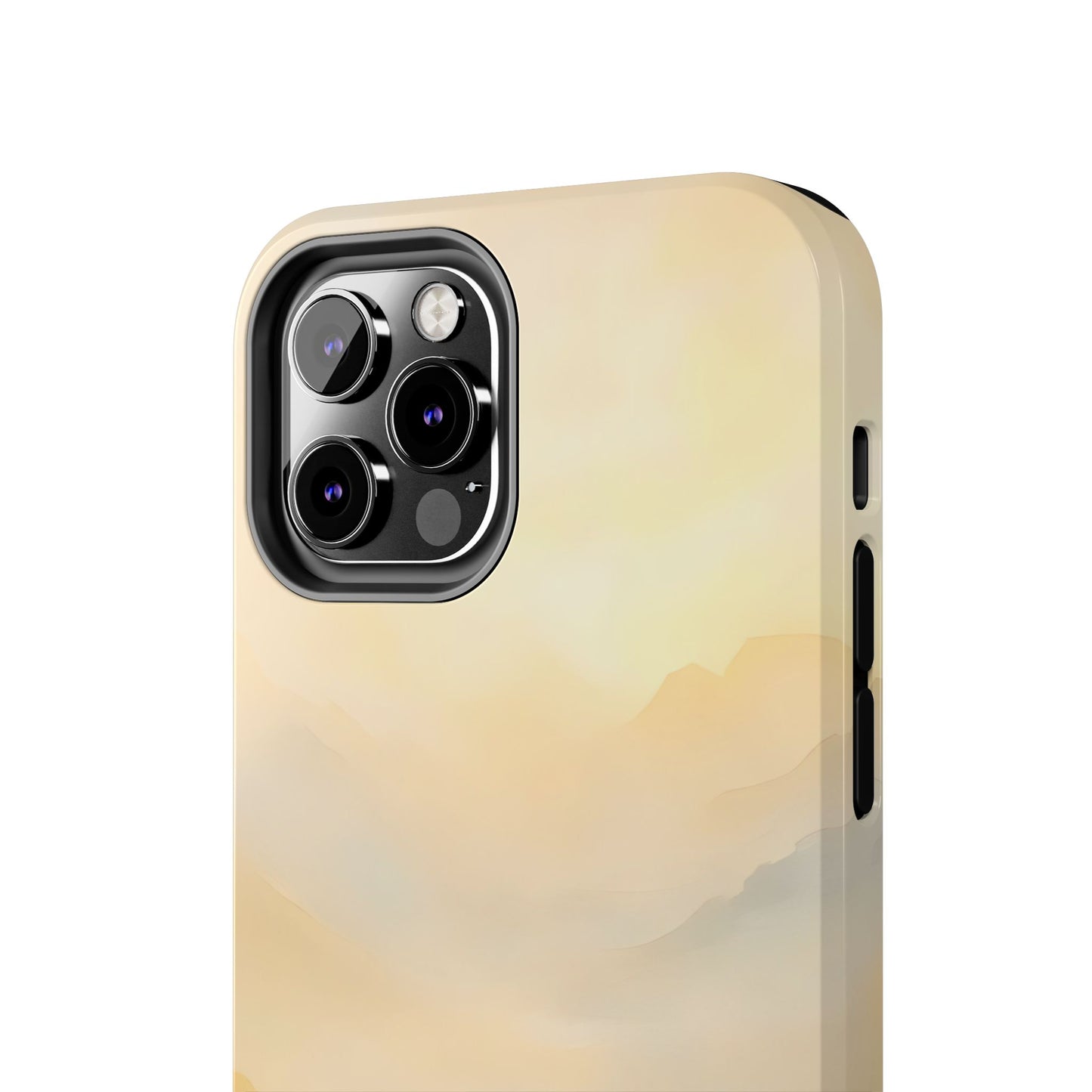 Minimalist iPhone case with soft beige abstract mountain design, close-up on camera