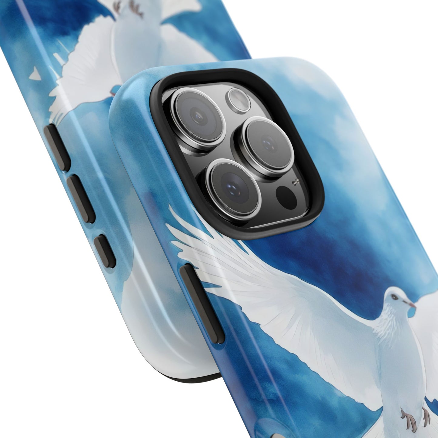 Phone case featuring a white dove on a blue watercolor background, Christian symbolism