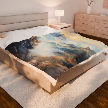 Cozy bedroom with bed covered by a nature-inspired landscape art blanket, soft lighting.