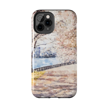 Impressionist cherry blossom landscape phone case with soft pastel colors and serene riverside scene