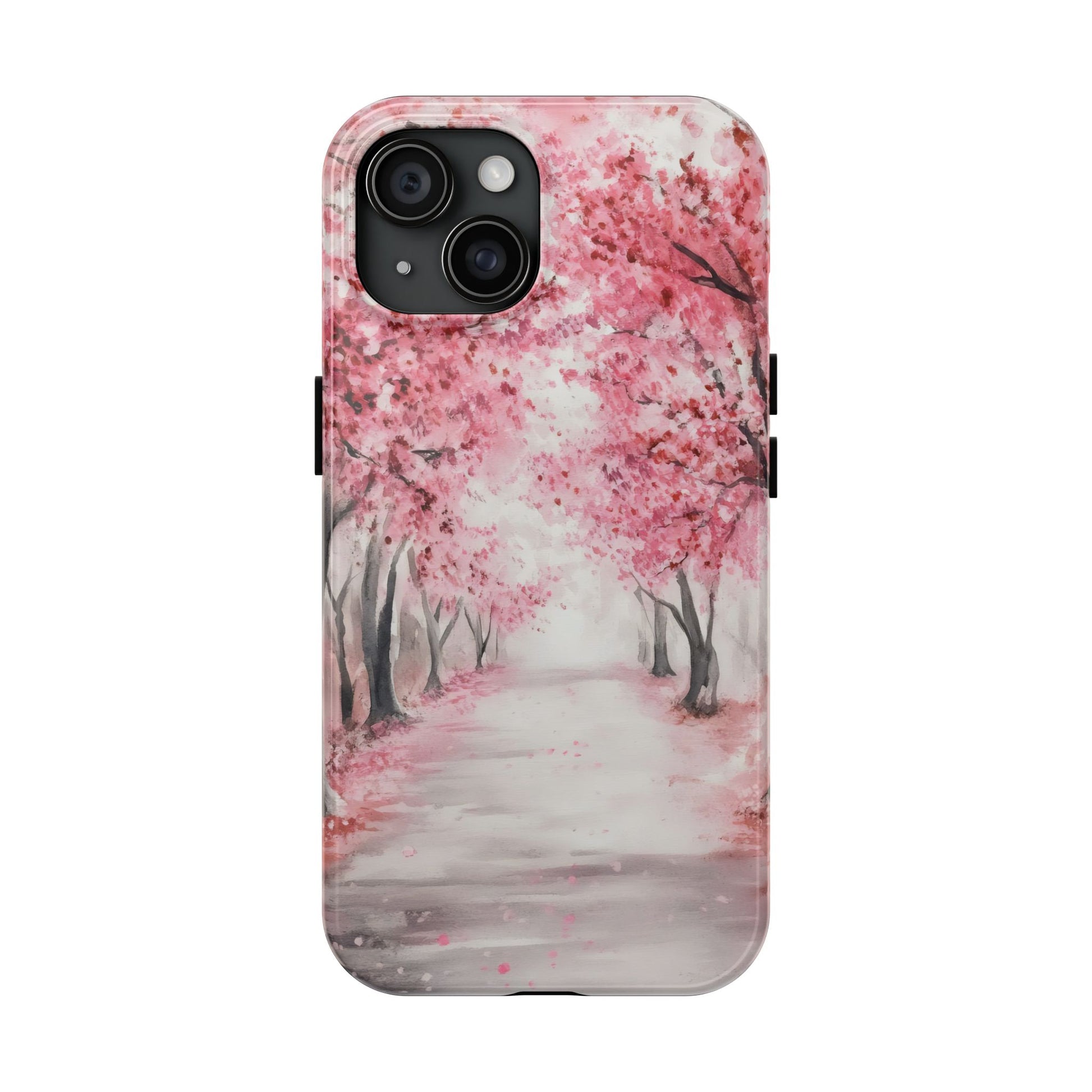 iPhone case with watercolor pink cherry blossom trees and tranquil path design