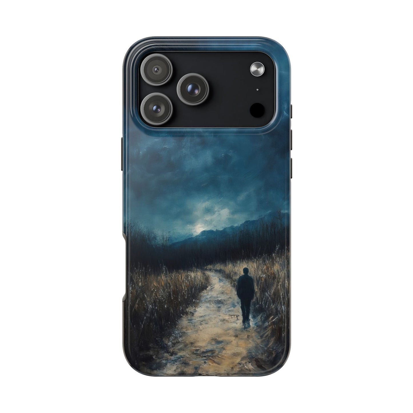 Phone case with a solitary figure walking on a path under a dramatic, cloudy sky